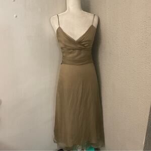 SIRI Shirred V-Neck Sheer Overlay Beige Evening Dress 4 Coquette Girl Fairycore